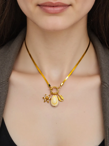 Golden Charm Trio Necklace Coral Shell and flower