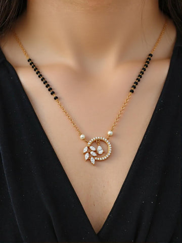 Rose Gold Chain Necklace with Black Beads and Diamond-Studded Circular Pendant