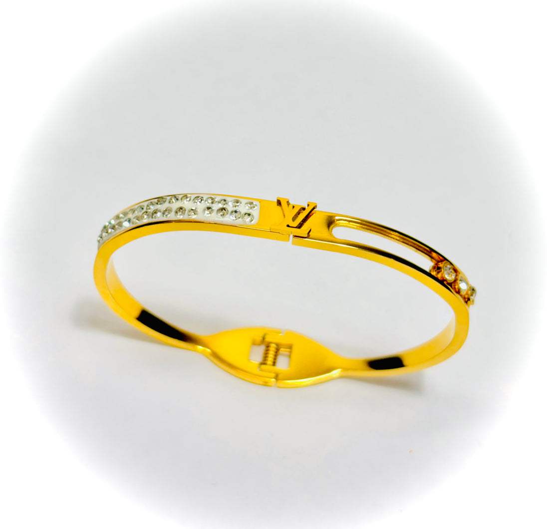Stone-Studded Golden Bracelet with LV Brand Logo